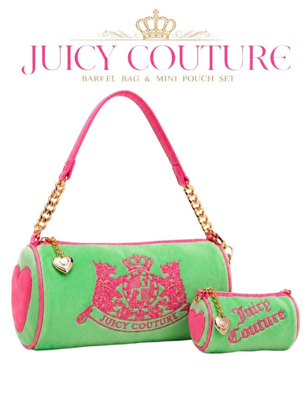 JUICY COUTURE Green & Pink Logo Barrel BAG & Mini Purse NWT